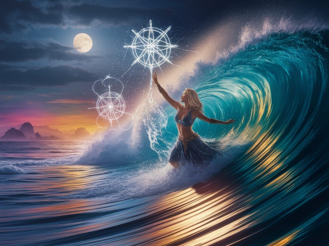 Water Mage Commands Crashing Waves in Moonlight