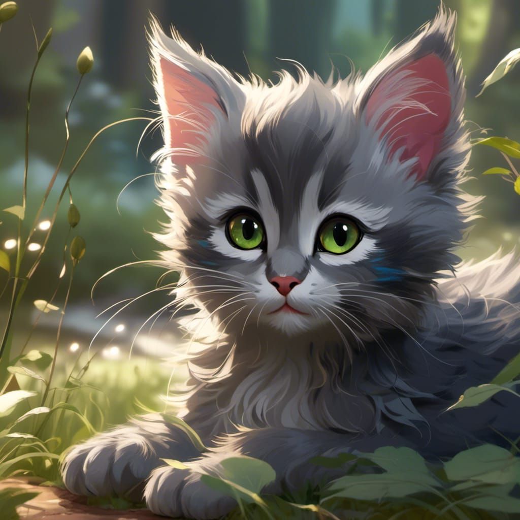 Cute Grey Kitten with Green Eyes in Matte Painting