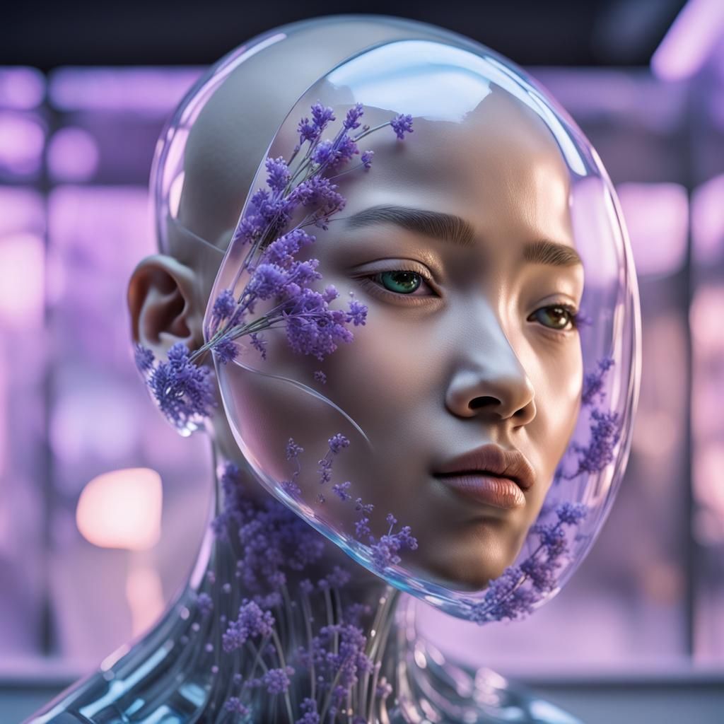 Clear Glass Cyborg Caressing Face: Surreal Liquid Art