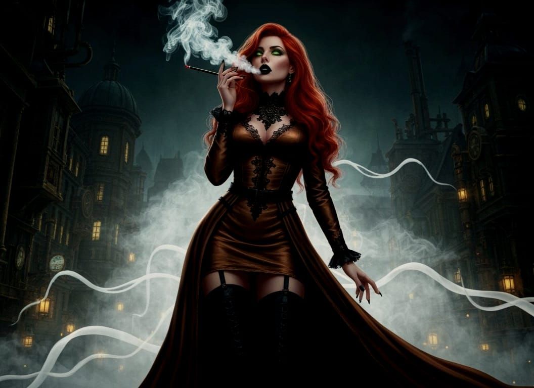 Steampunk Woman in Smoky Night City