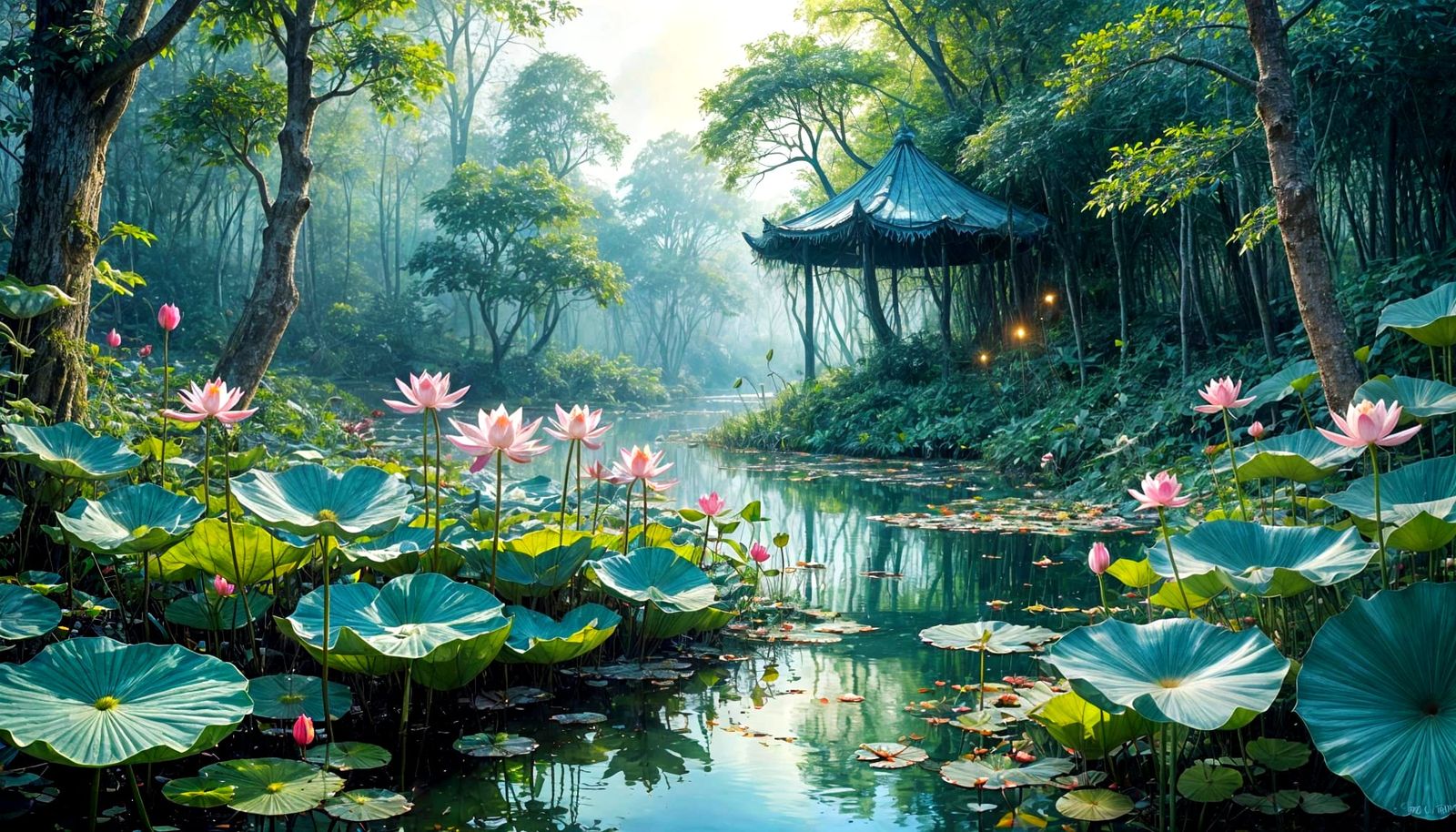 Lotus Flowers in Mysterious Forest Lake