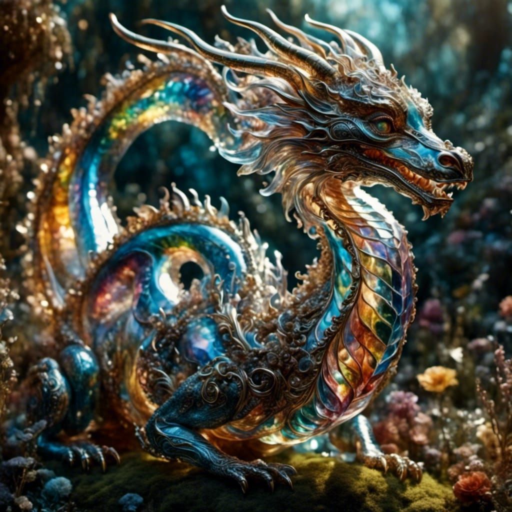 <lora:glass:1.0> <lora:Fantasy Iridescence:1.0> extremely delicate iridescent dragon made of glass, translucent, tiny go...