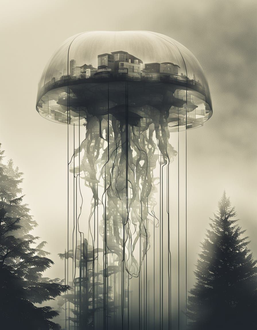 Surreal Underwater Cityscape with Jellyfish and Geometric Ab...