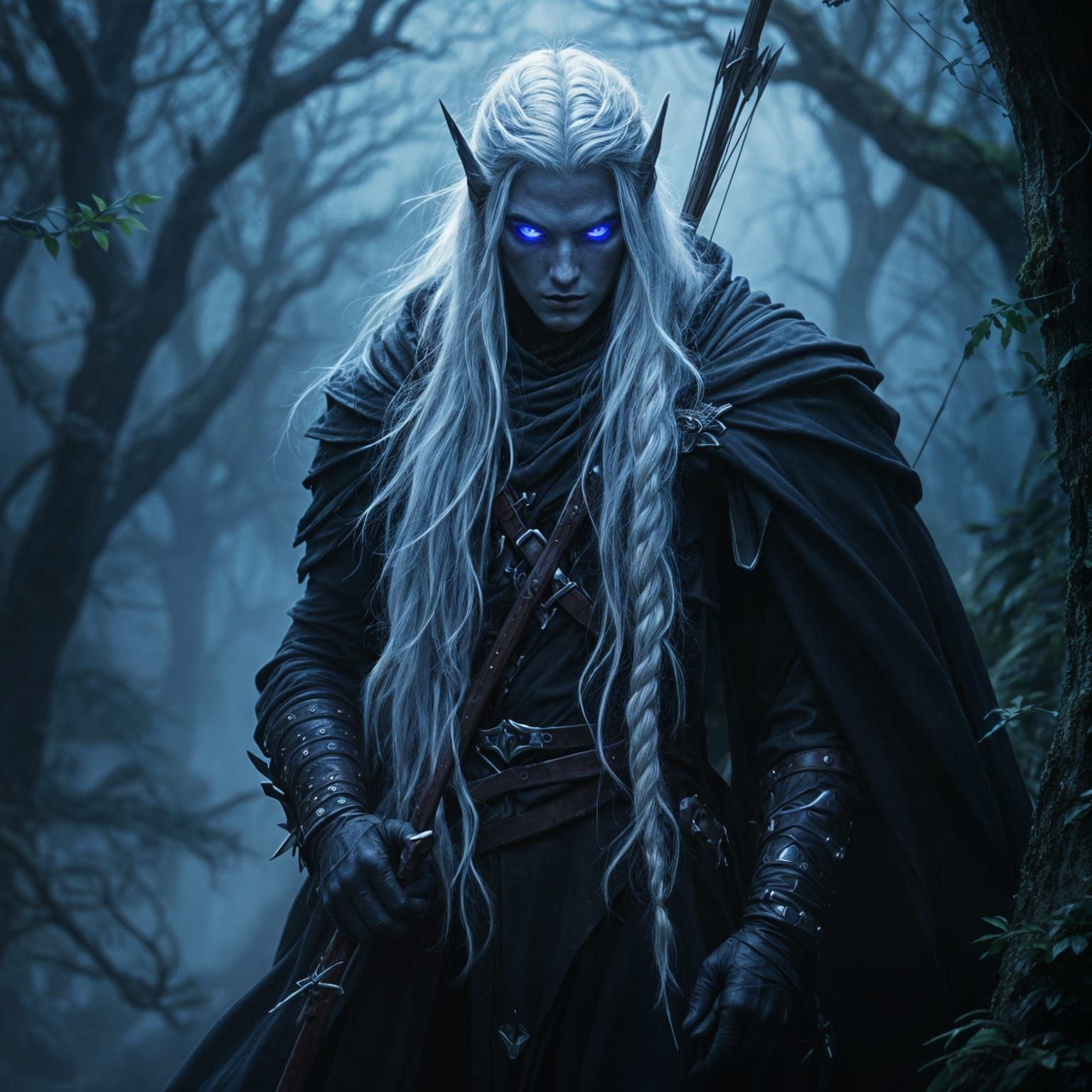 Dark Elf Ranger in Moonlit Forest, Dark Fantasy Art