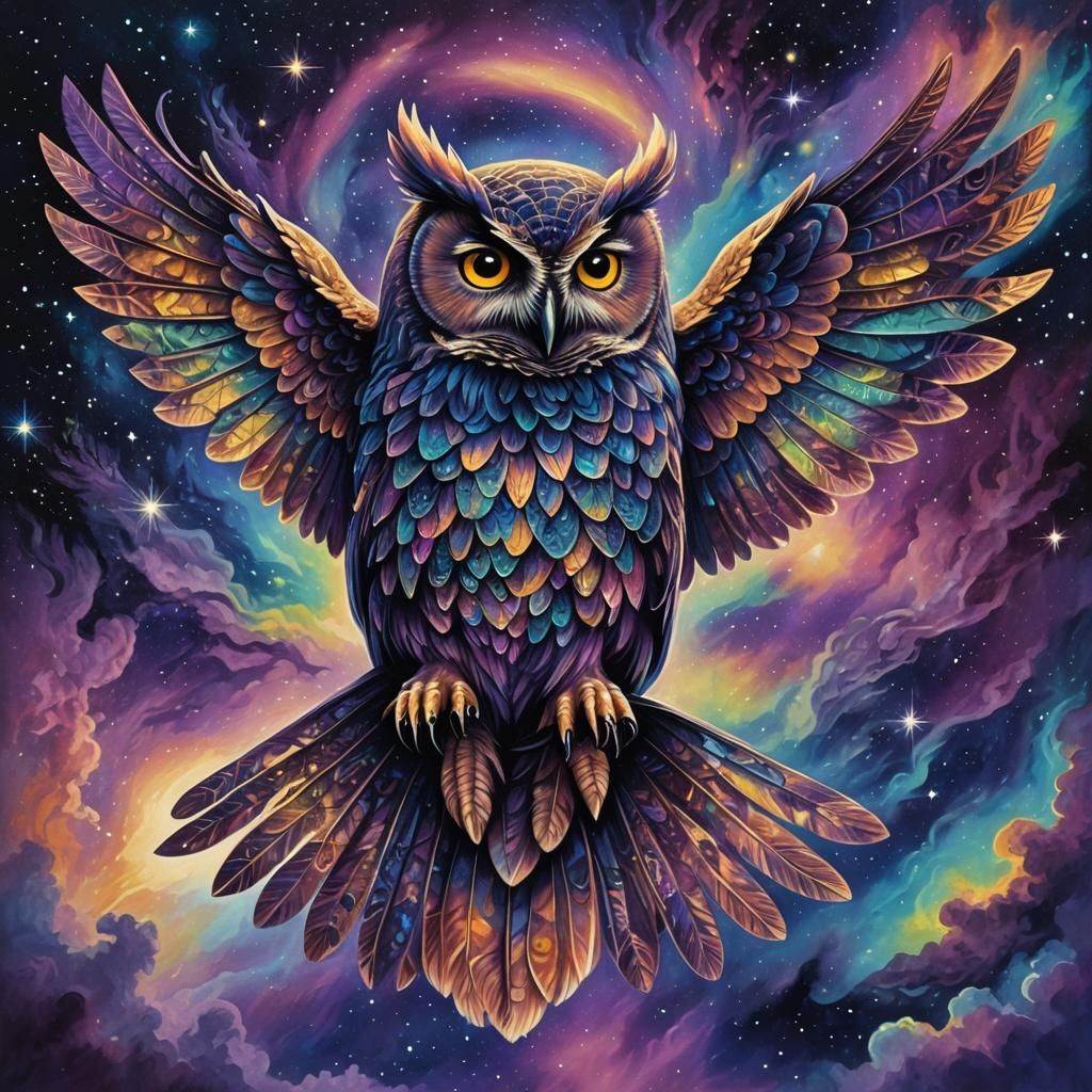 Iridescent Owl in Cosmic Aurora