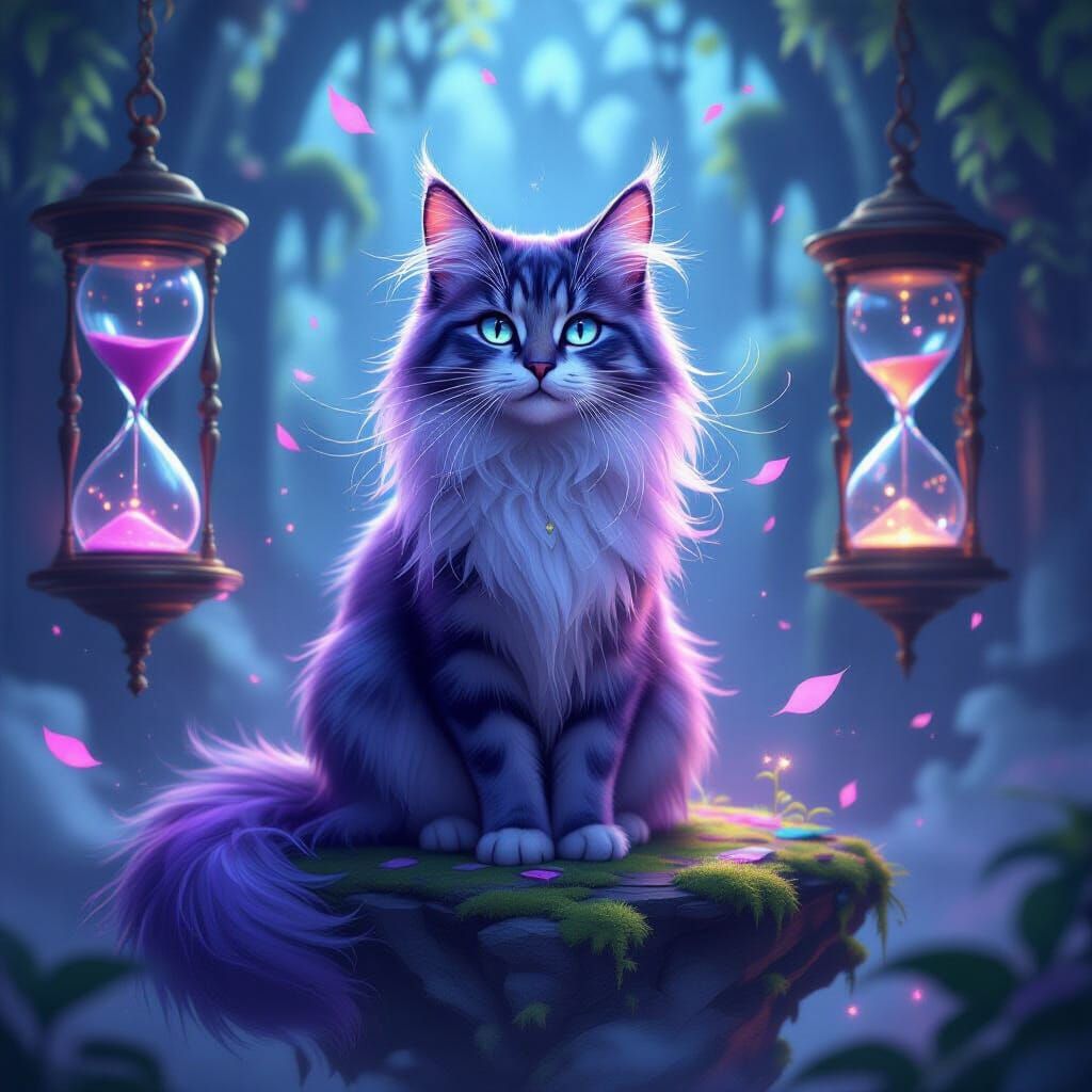 Elegant Cat Perceiving Timelines in Cosmic Library