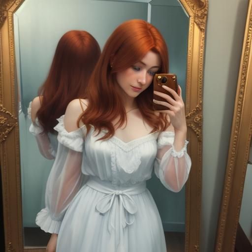 Woman Gazing in Mirror: Impressionist Oil Painting