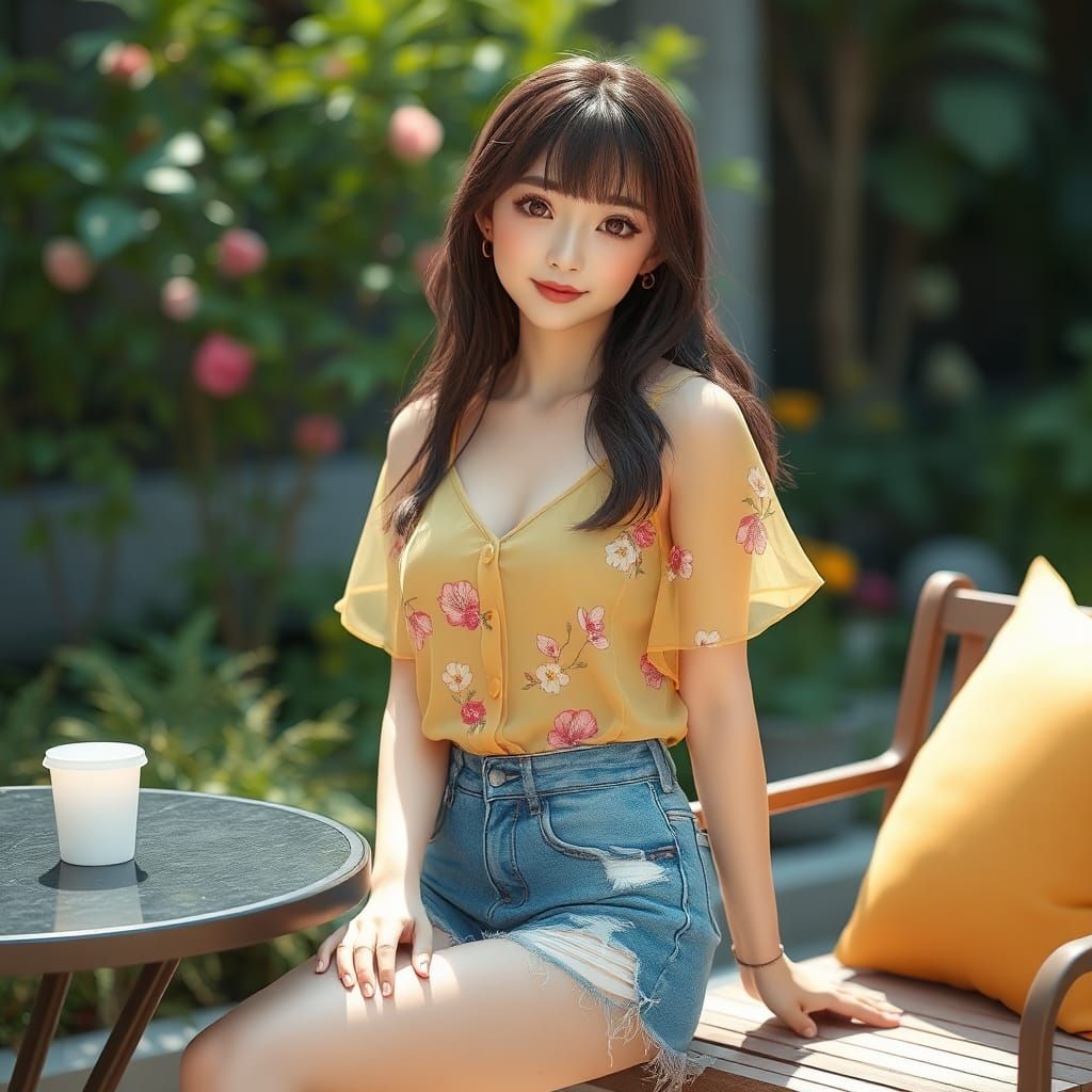 Beautiful Woman in Garden: Detailed 3D Anime Art