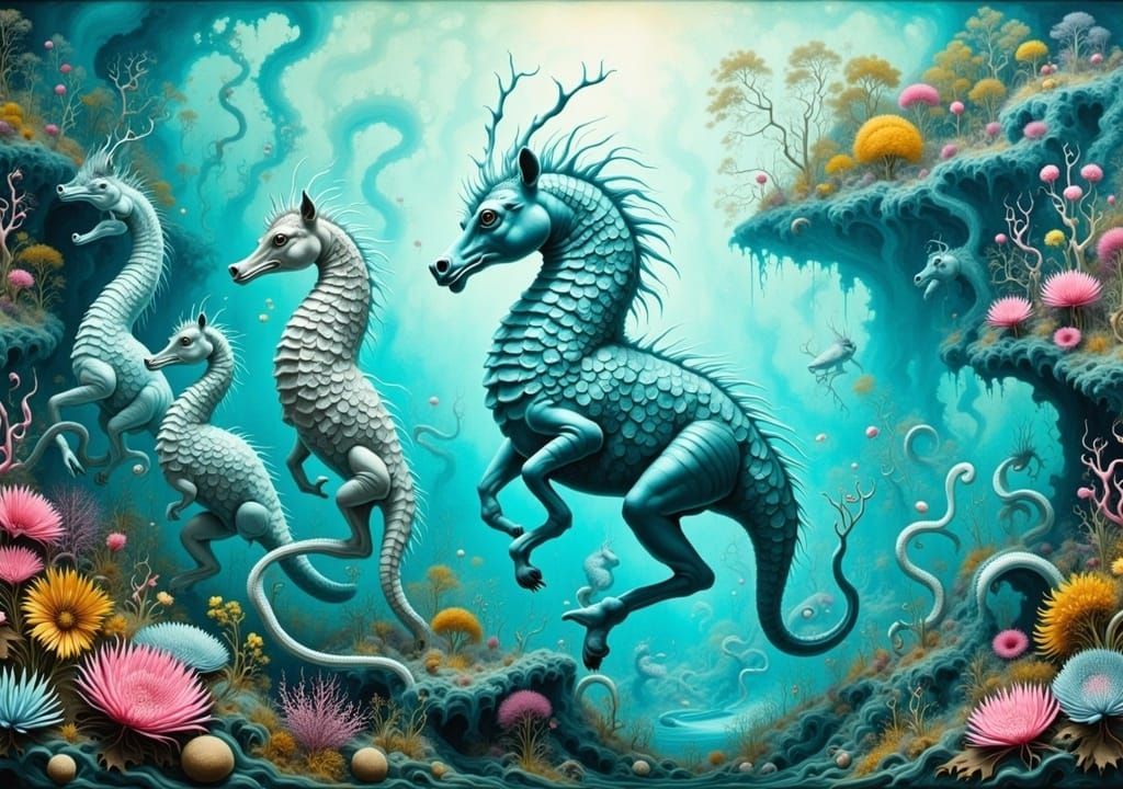 Seahorse Race in a Surreal Ink Wash Style
