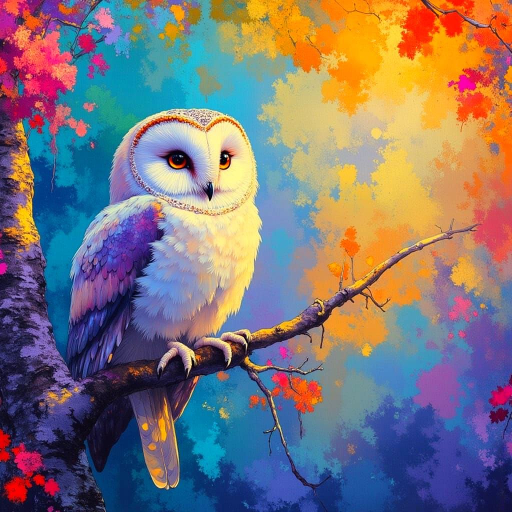 Fluffy White Owl in Abstract Forest Painting