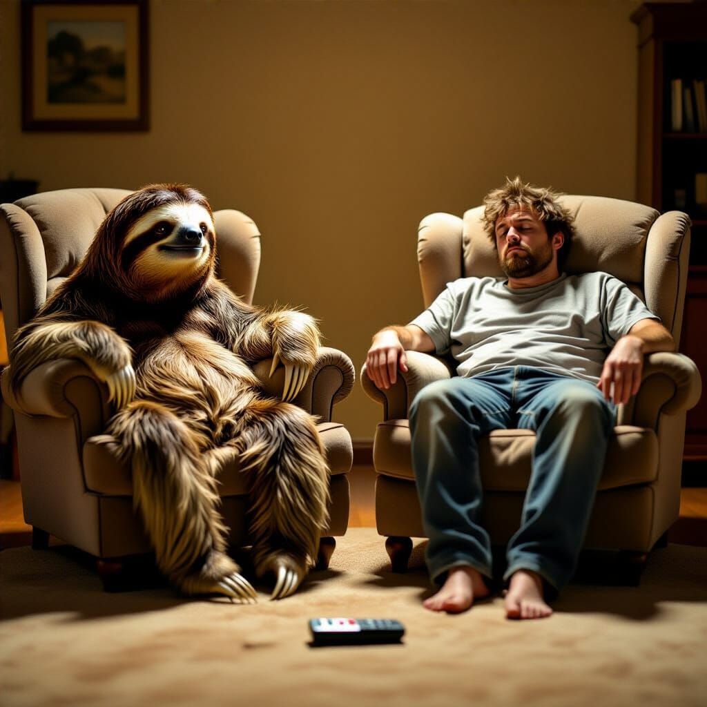 Sloth and Man Compete for TV Remote