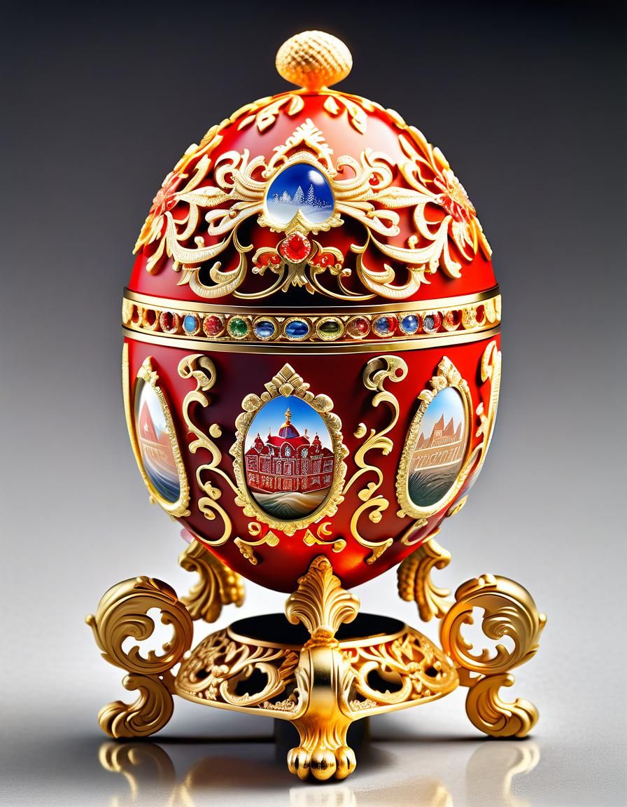 A red and gold Fabergé egg sitting on top of a stand I