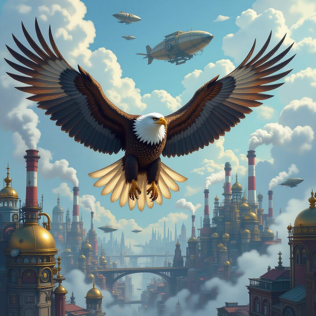 Steampunk Eagle Soaring Over Metropolis, Detailed Concept Ar...