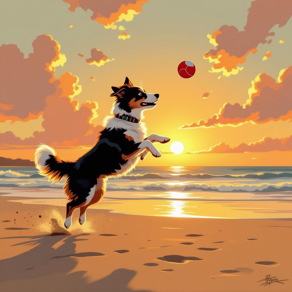 Dog Leaping for Ball on Beach at Sunset