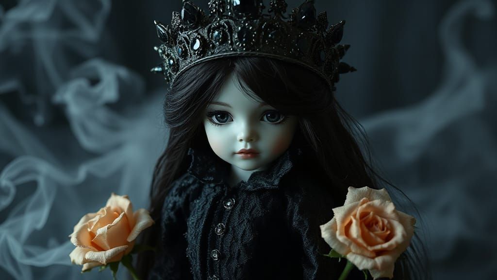 Ethereal Porcelain Doll with Dark Crown in Misty Scene