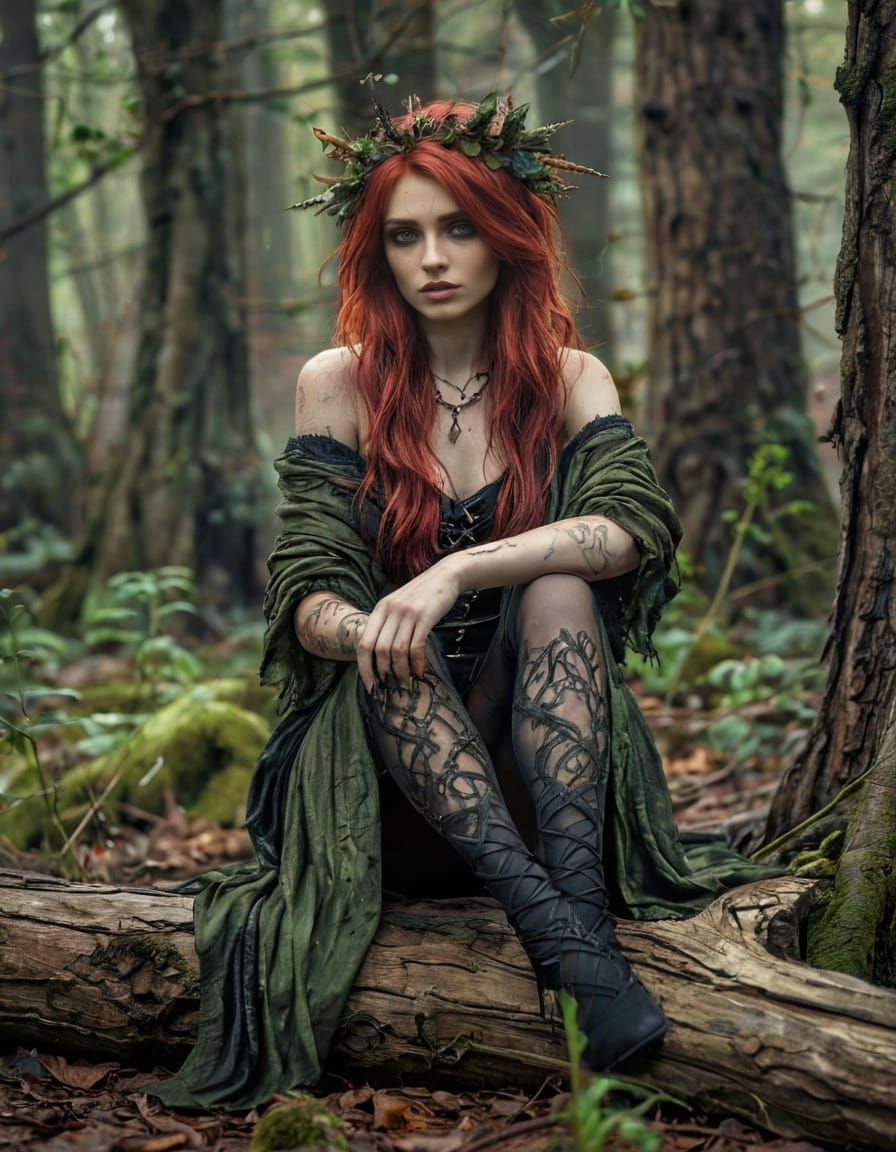 Gothic fantasy concept art. Full body shot. Dark dryad with messy red hair sitting on log in forest. Watercolour style. ...