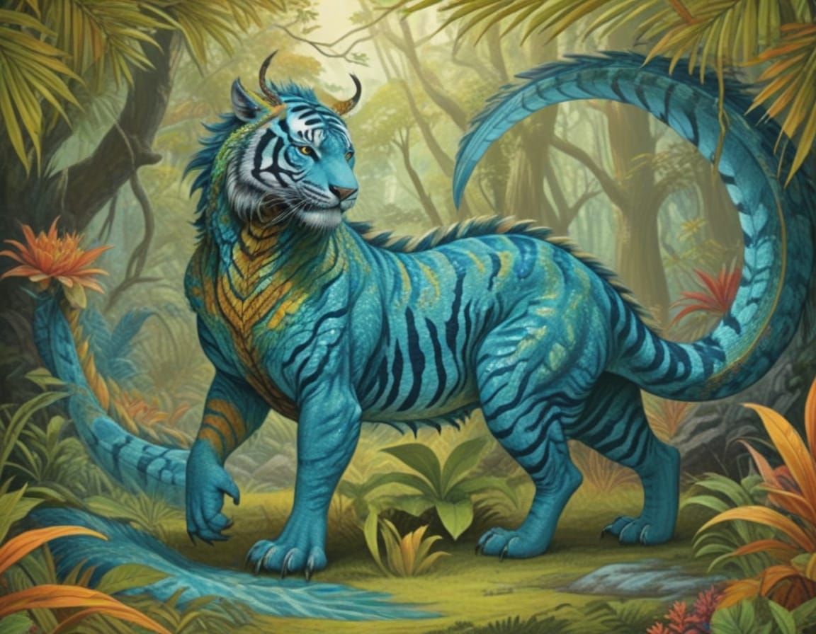 Exotic Tiger-Komodo Dragon Hybrid in a Vibrant Jungle Scene