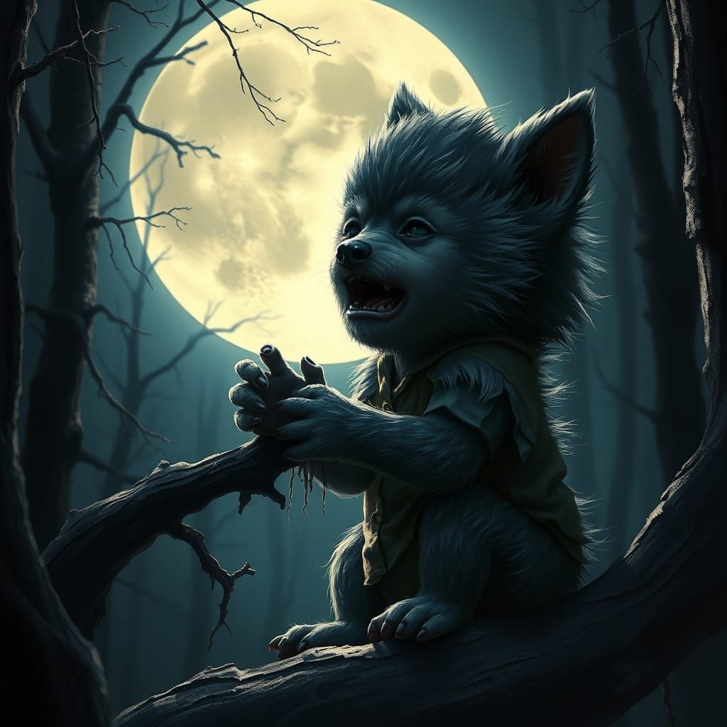 Baby Werewolf's First Howl, Dark Fantasy Art
