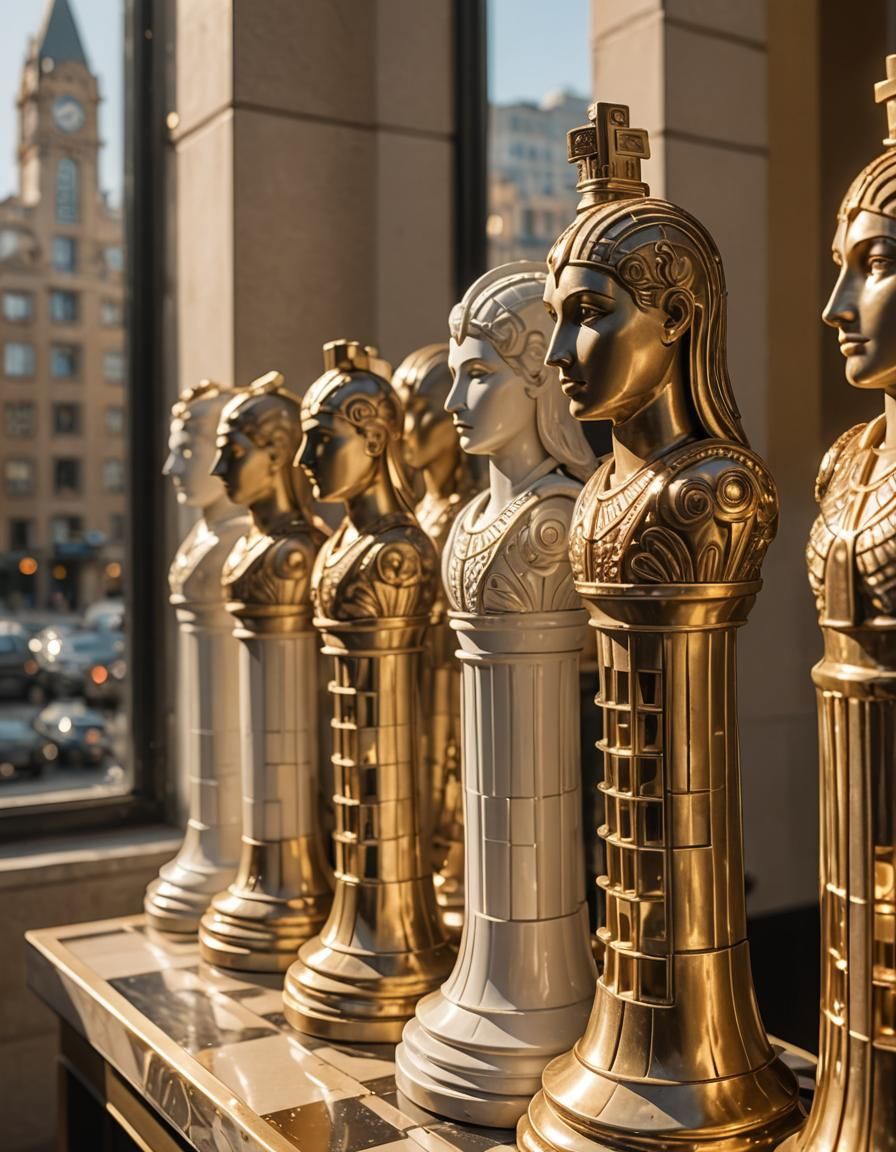 Art Deco Chess Piece Buildings in Gold and White