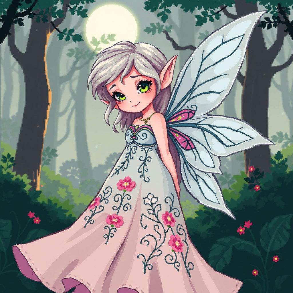Pixelated Fairy Elf in Moonlit Forest