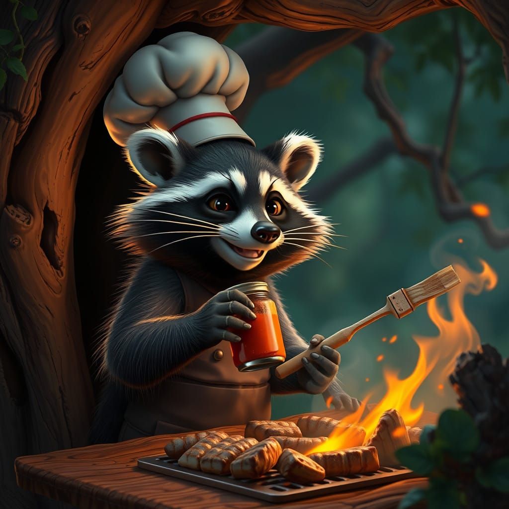 Whimsical Raccoon Chef in Treehouse BBQ Haven