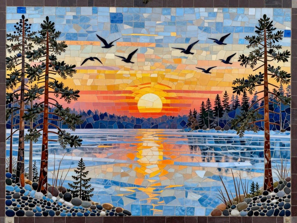 Sunrise Over Frozen Lake Mosaic Art