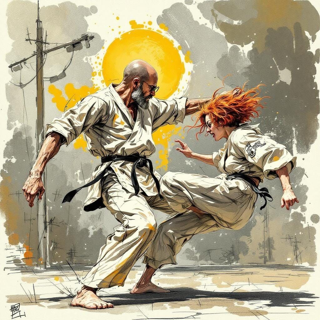 Humorous Karate Match in Fantasy Sketch Style