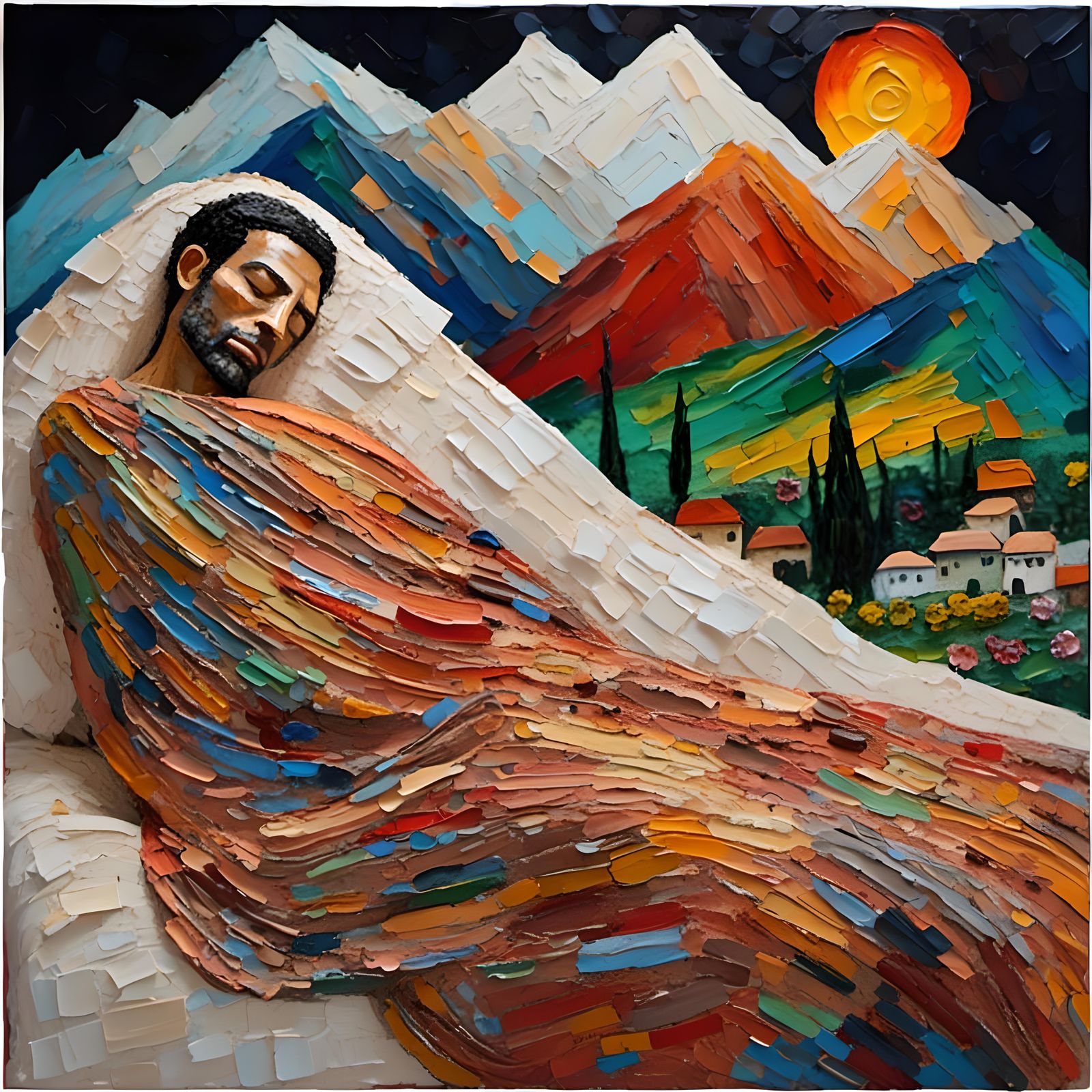 Man Sleeping in Mountain Landscape as Impasto Painting
