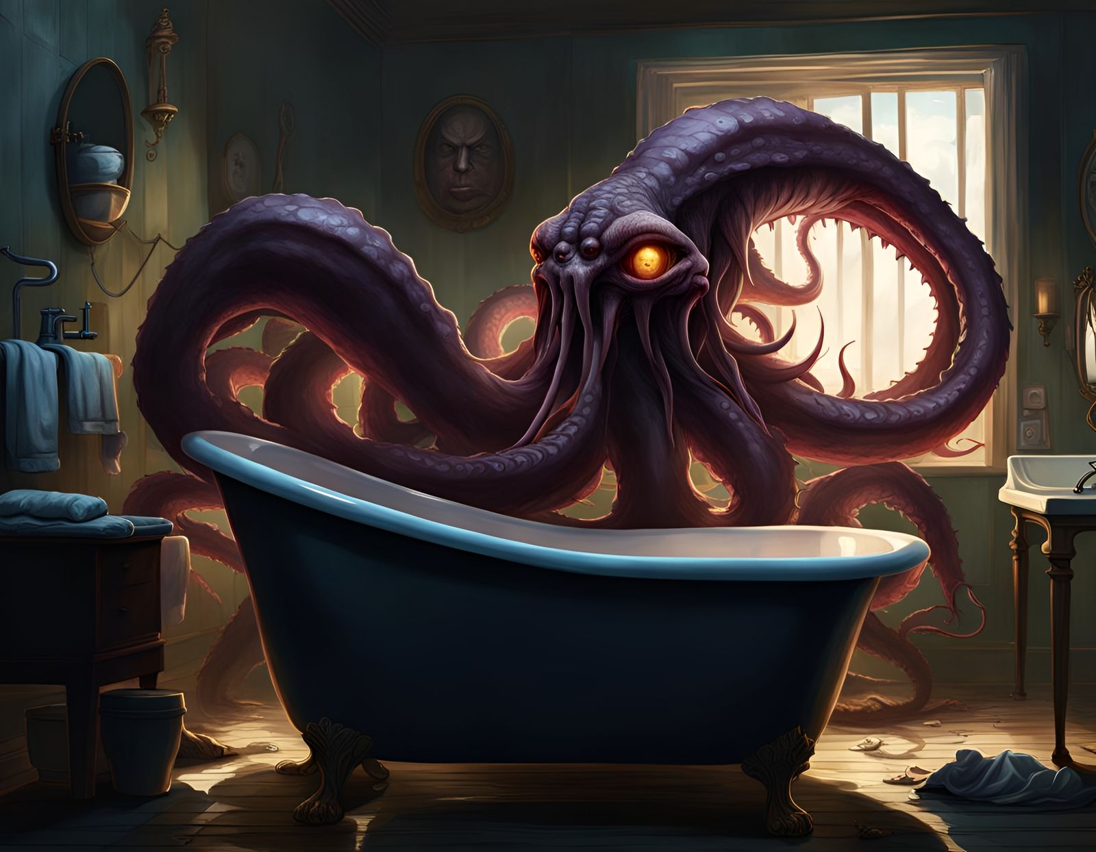 Giant Tentacles Devouring Bathtub: Dark Fantasy Art