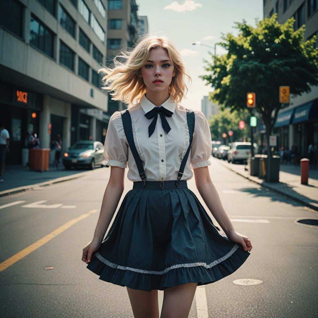 Guy in Frilly Skirt Holds Down Skirt on Breezy Day