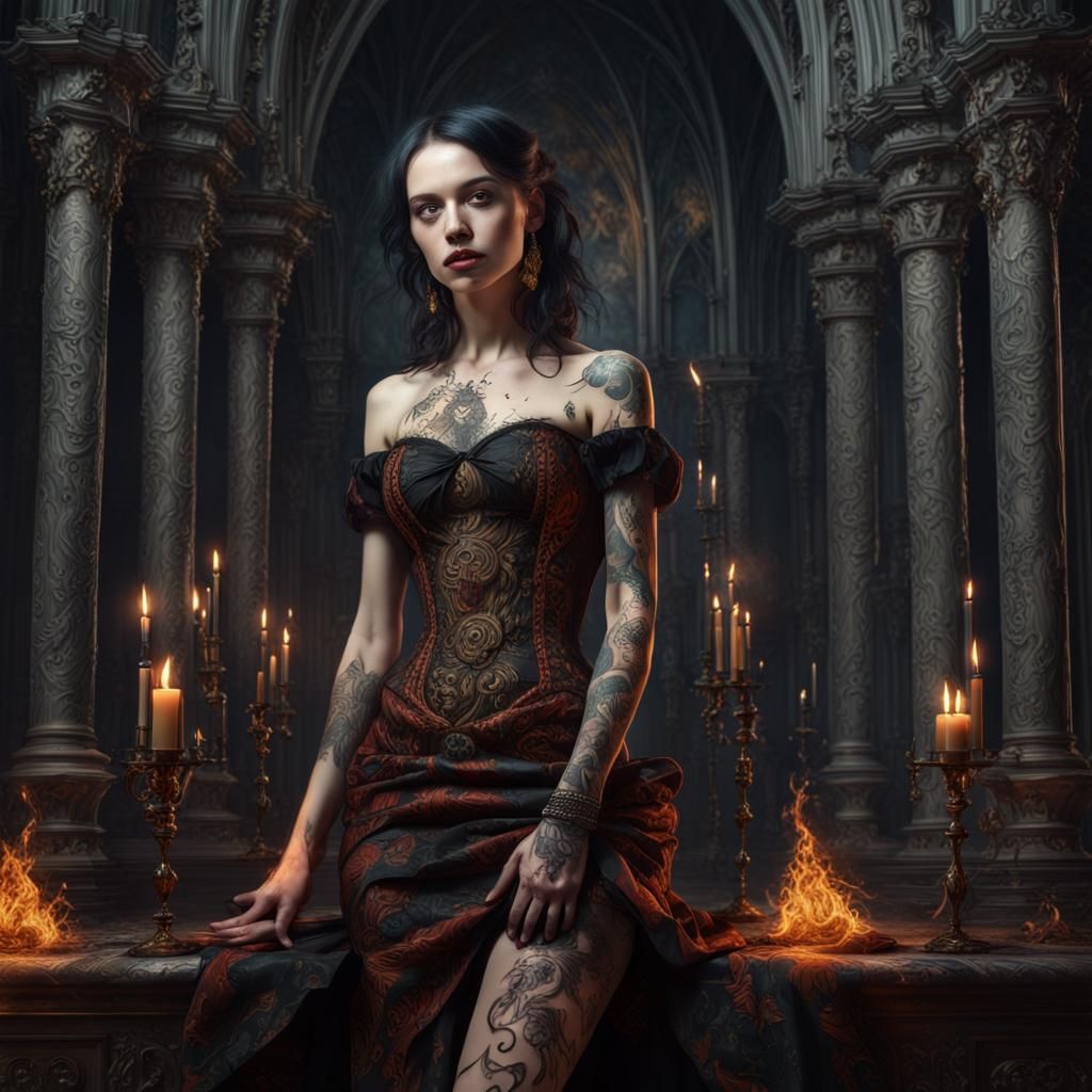 Gothic Tattooed Women with Creatures in Baroque Oil