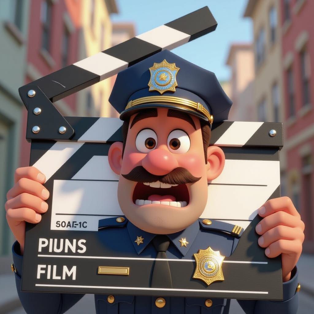 Pixar Style Officer Peeks from Film Clapboard