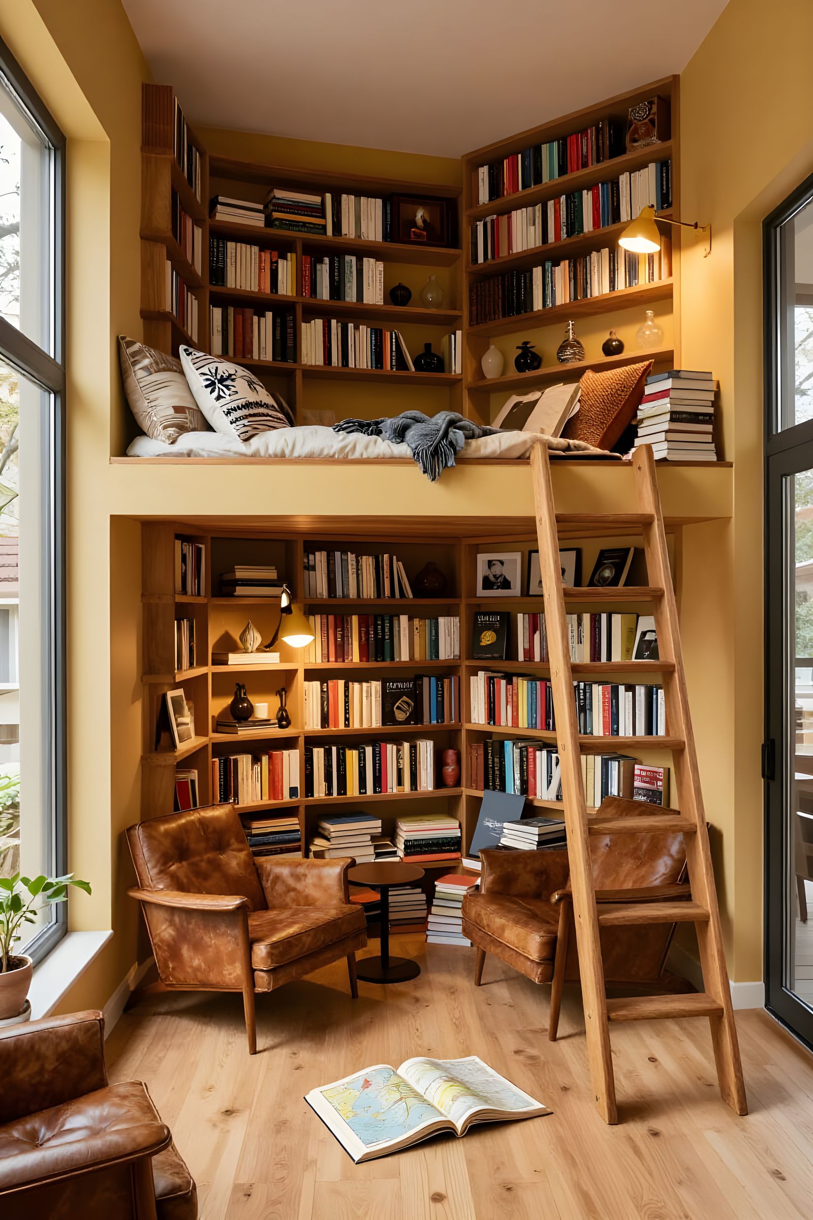 Cozy Loft Library Reading Nook with Bookshelves