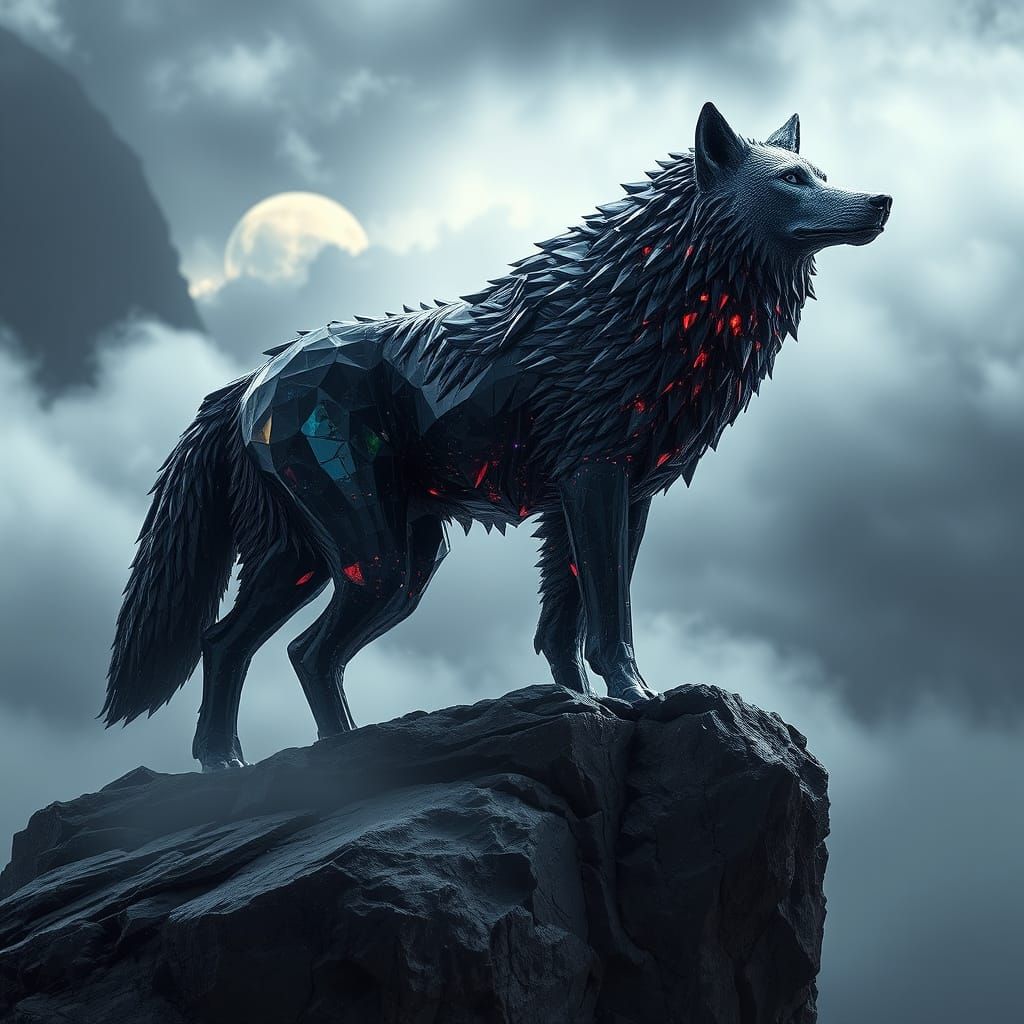 Crystal Wolf Amidst a Futuristic Landscape