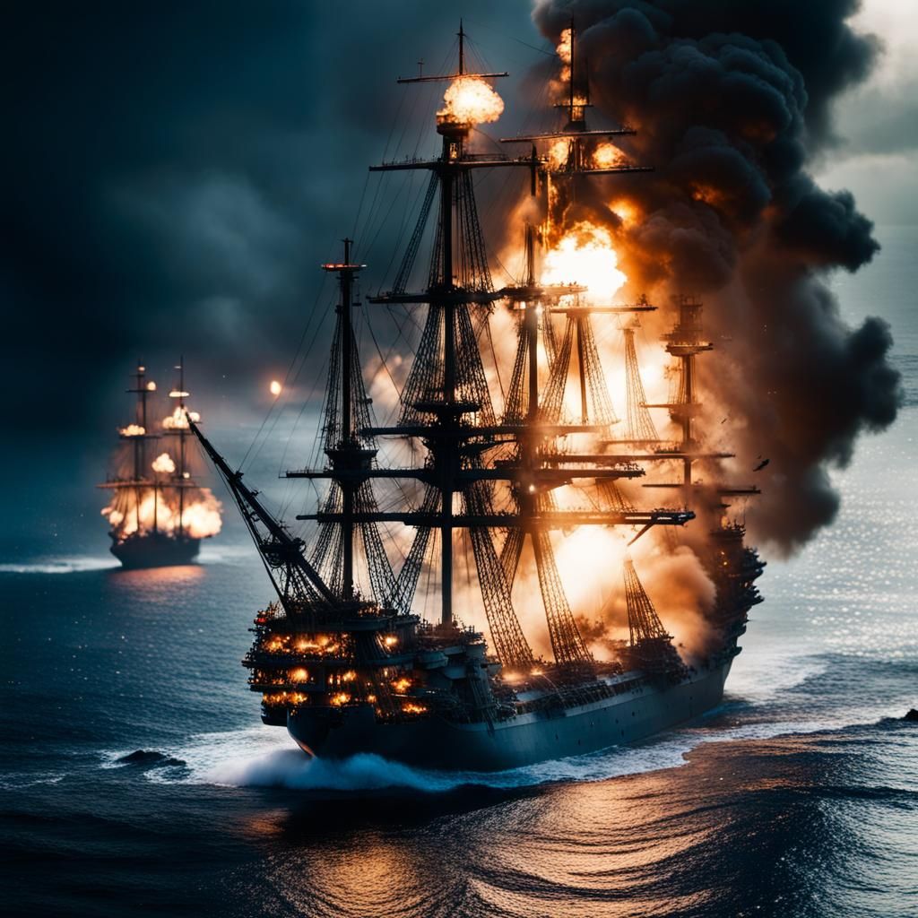 Aerial View of Navy Galleon Ship in Battle