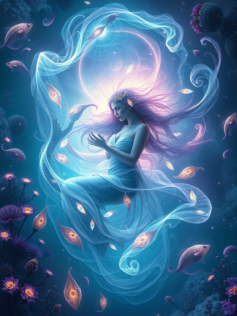 Mystical Pisces Maiden in Dreamlike Oceanic Realm