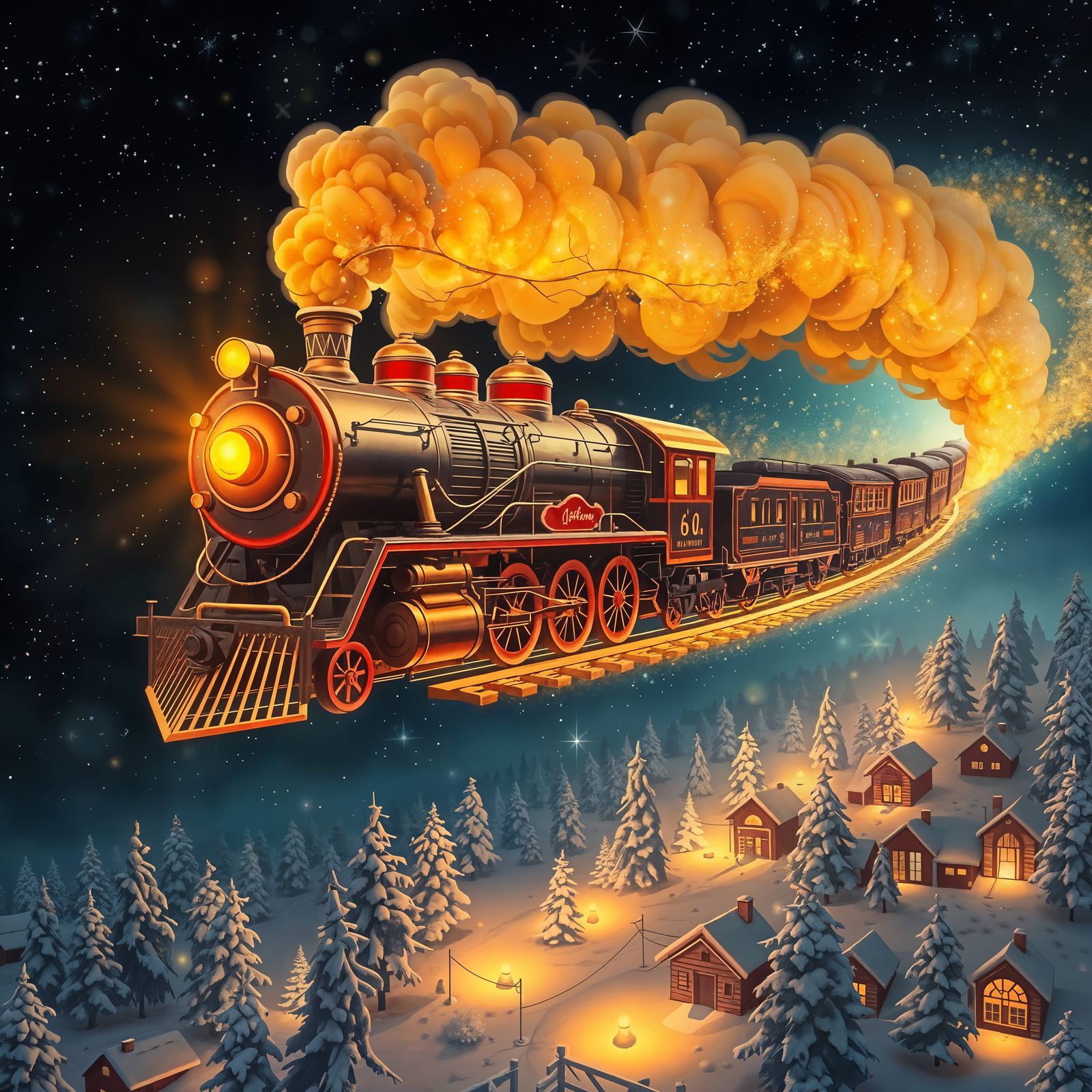Whimsical Steam Locomotive Soars Across Starry Night Sky