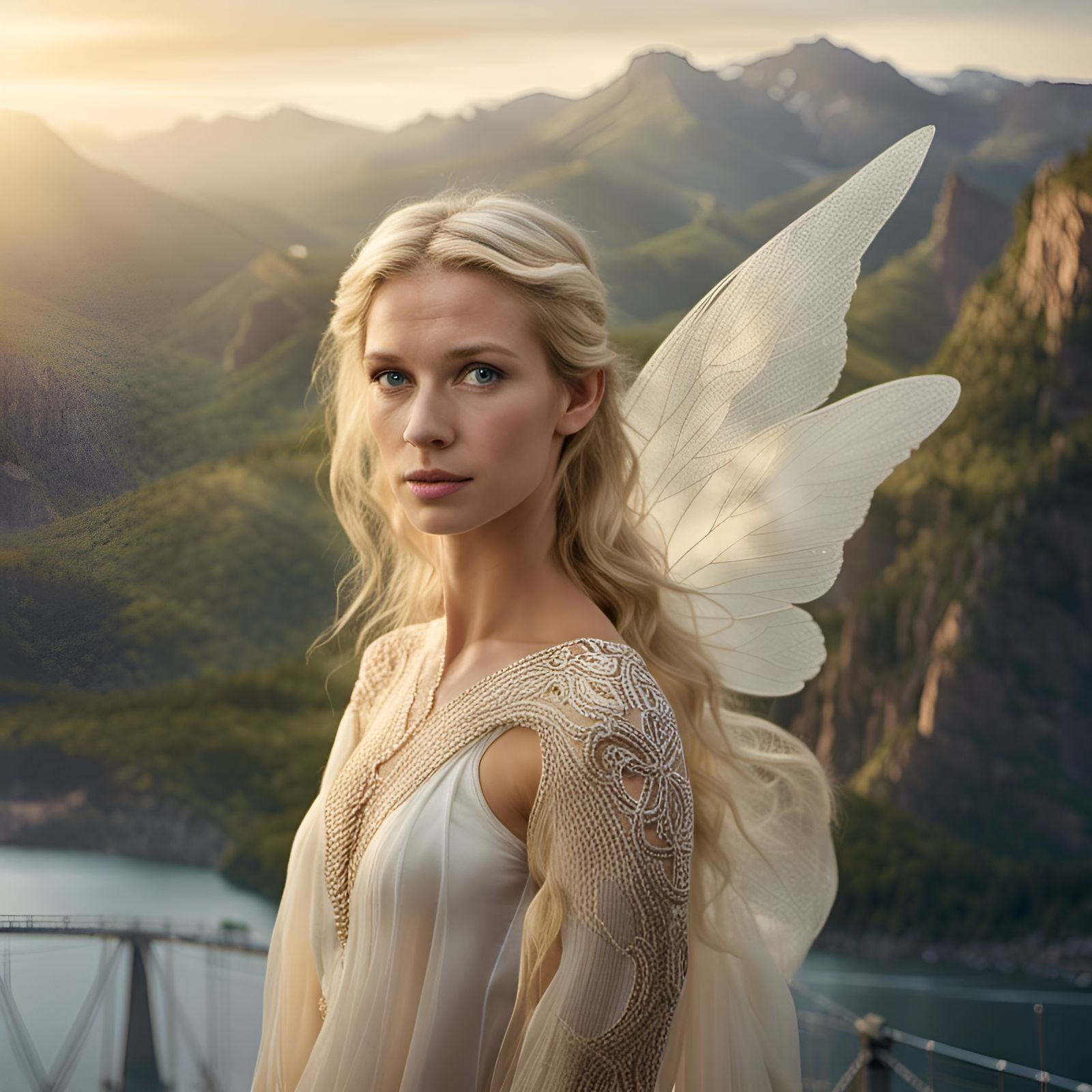 Delicate Blonde Fairy Overlooking Mountain Bridge