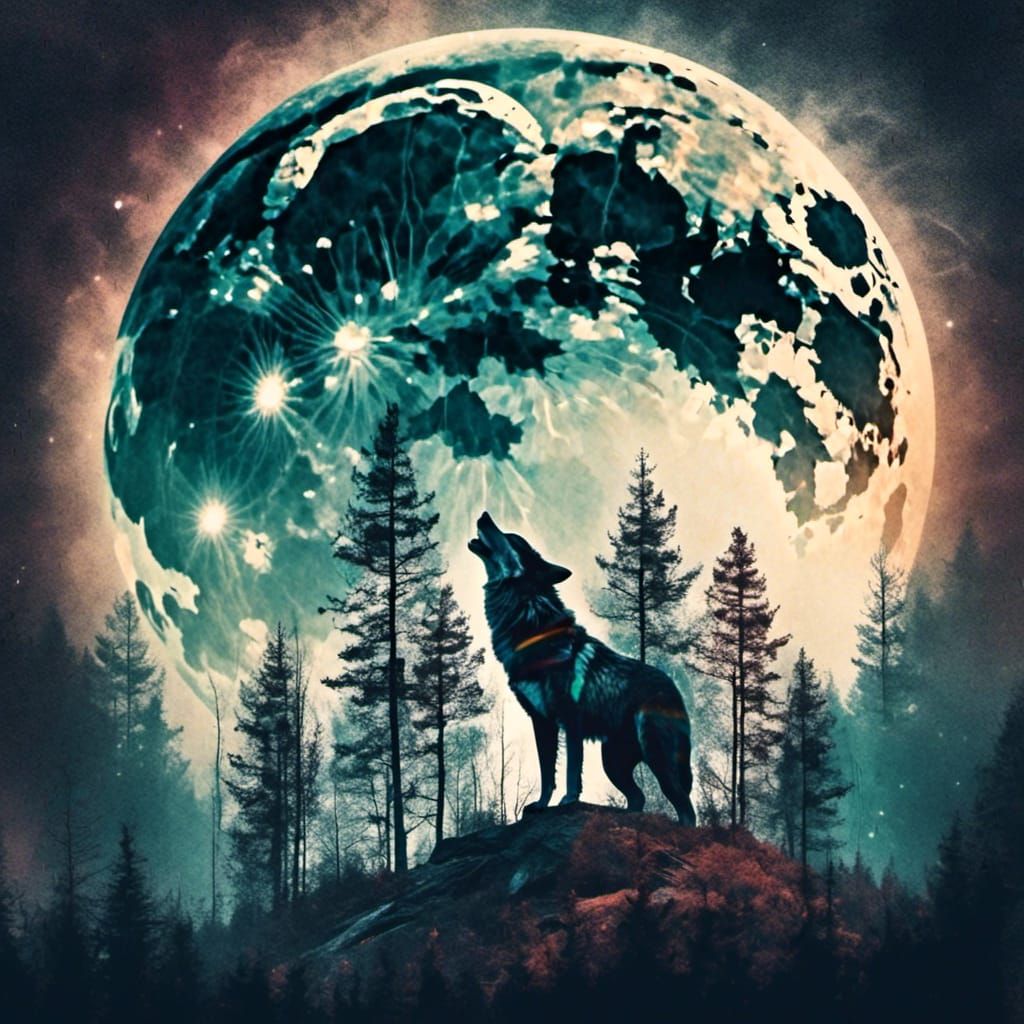 Double Exposure Wolf and Full Moon in Rainbow