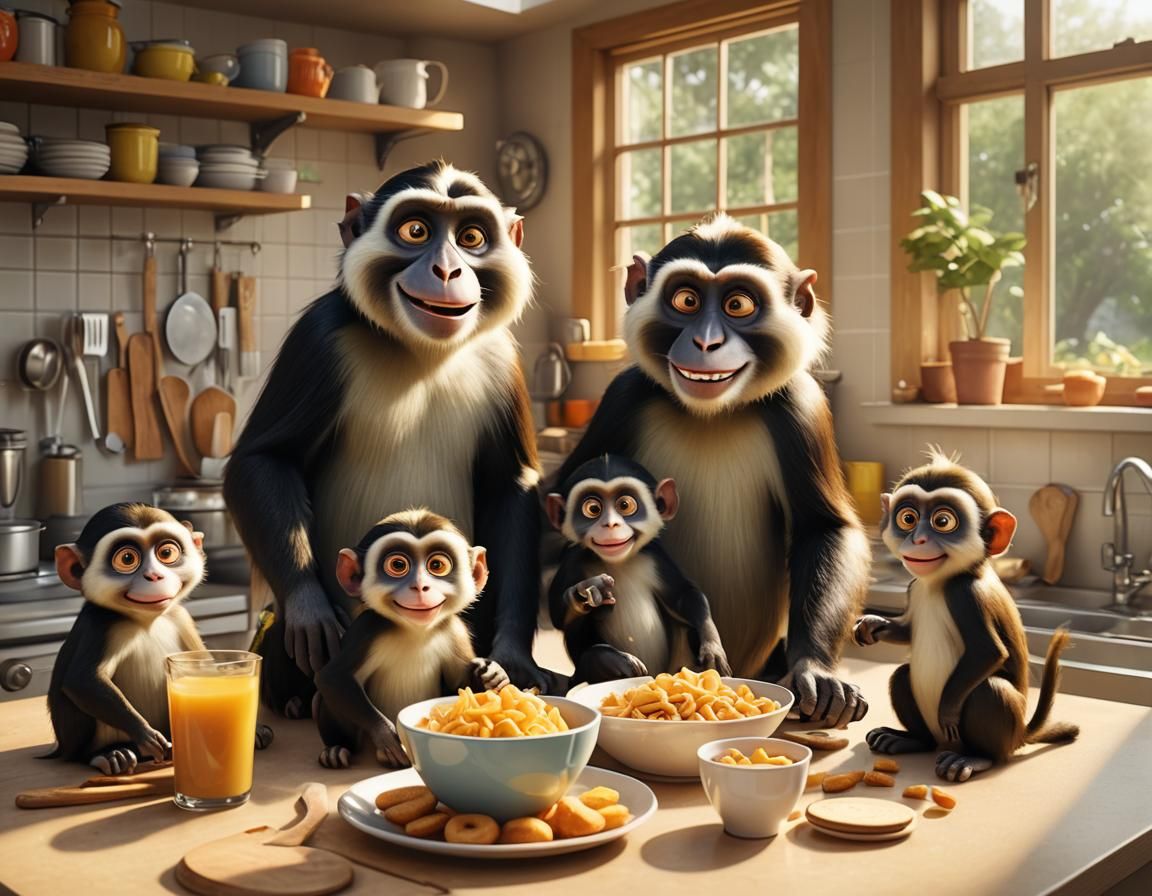 Cute Smiling Guenon Family Having a Snack in the Kitchen