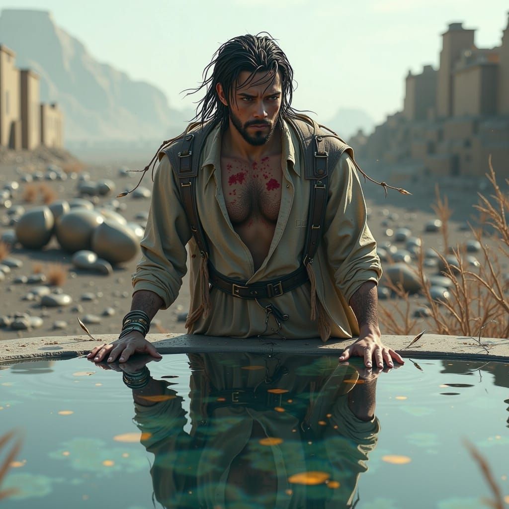 Battle-Scarred Reflection in Dystopian Wasteland