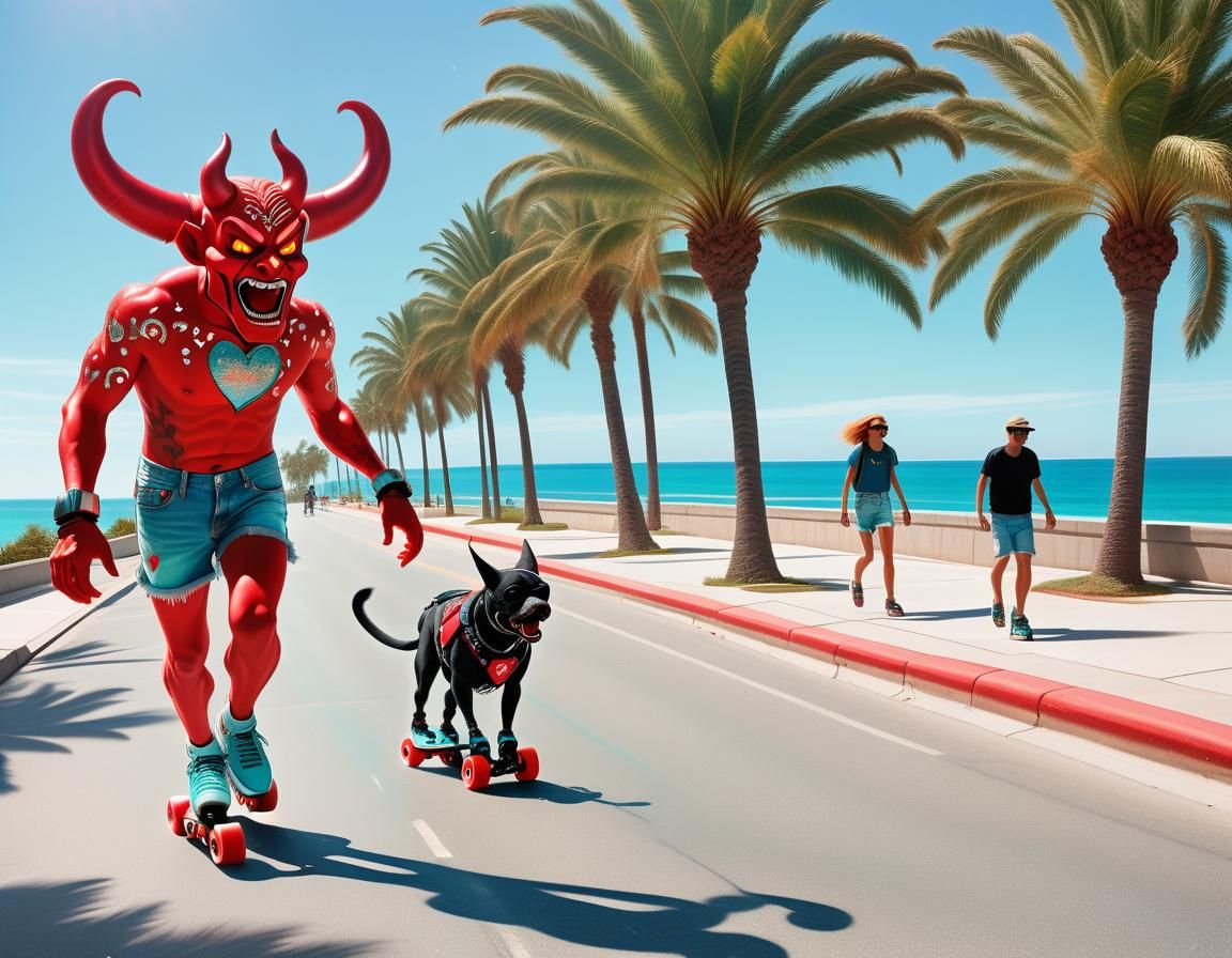 Fiery Devil Speeds Down Beachside Sidewalk in Cyberpunk Styl...