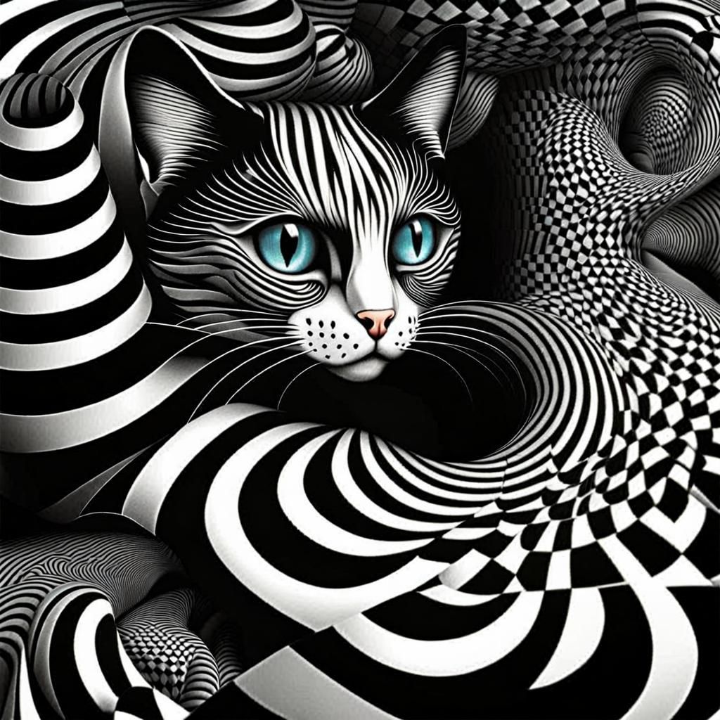 Dmt Checkered Weird shapes Optical illusion cat Droste Effect; Picture-in-Picture; Continuous Vertical Lines, Subtle Dev...