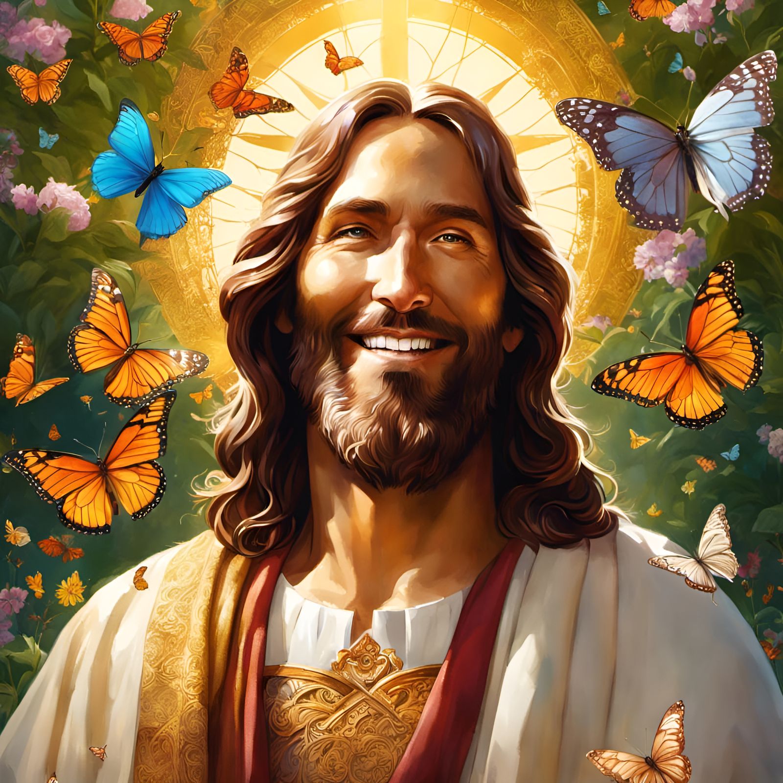 Joyful Jesus Portrait with Butterflies in Digital Style