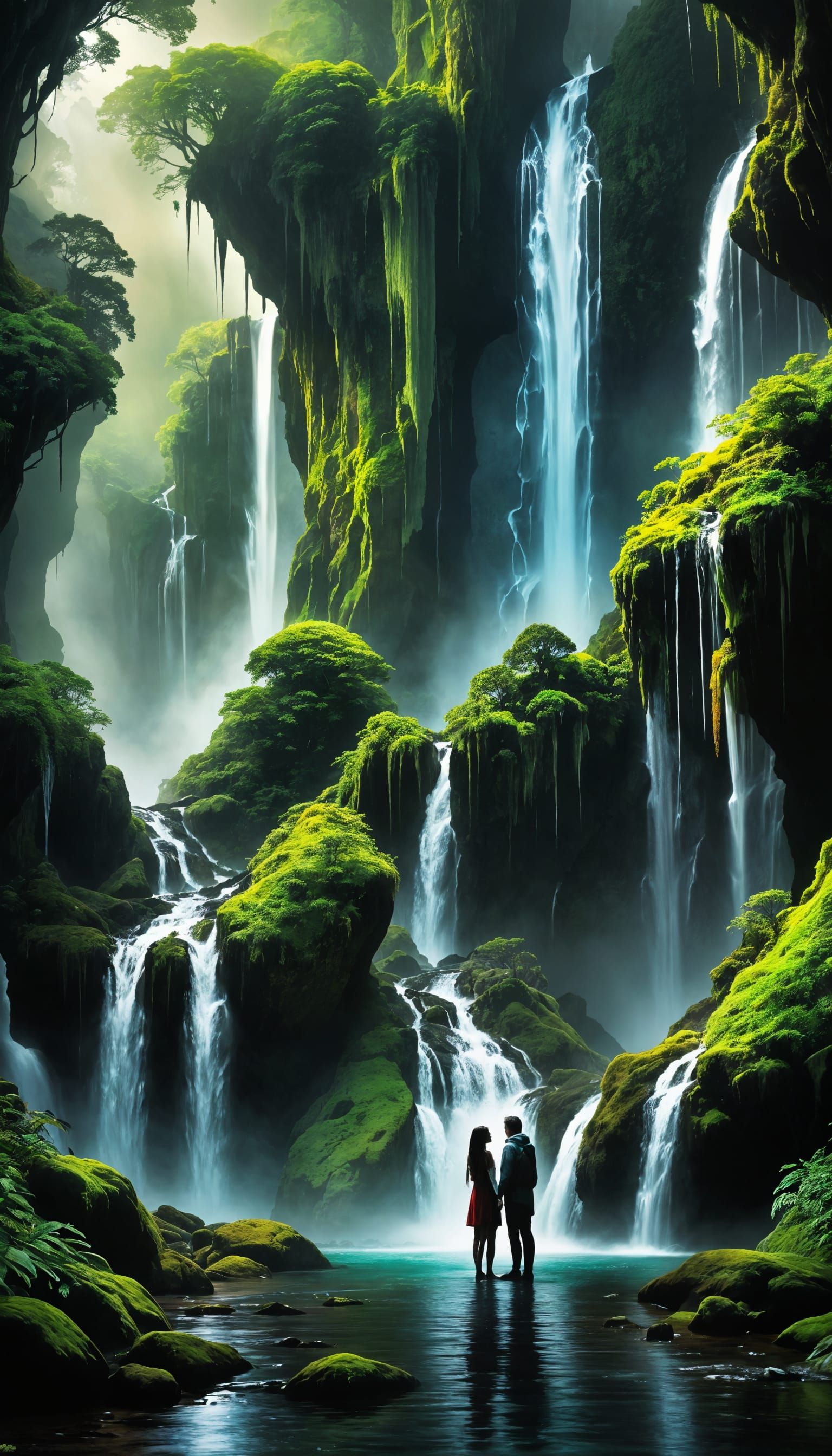 Mystical Waterfall Convergence in Fantasy Valley