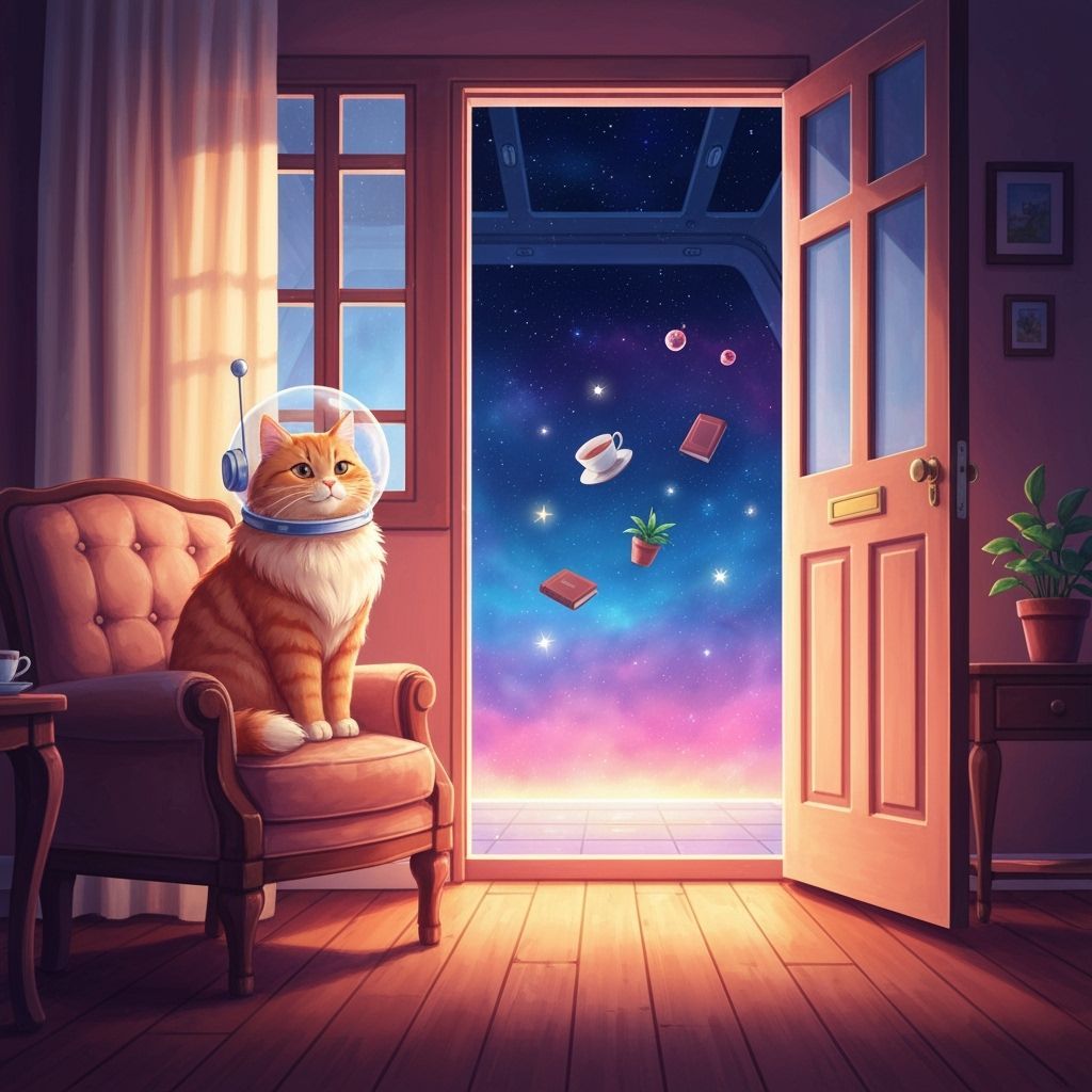 Ginger Cat in Space Helmet Gazes at Floating Objects