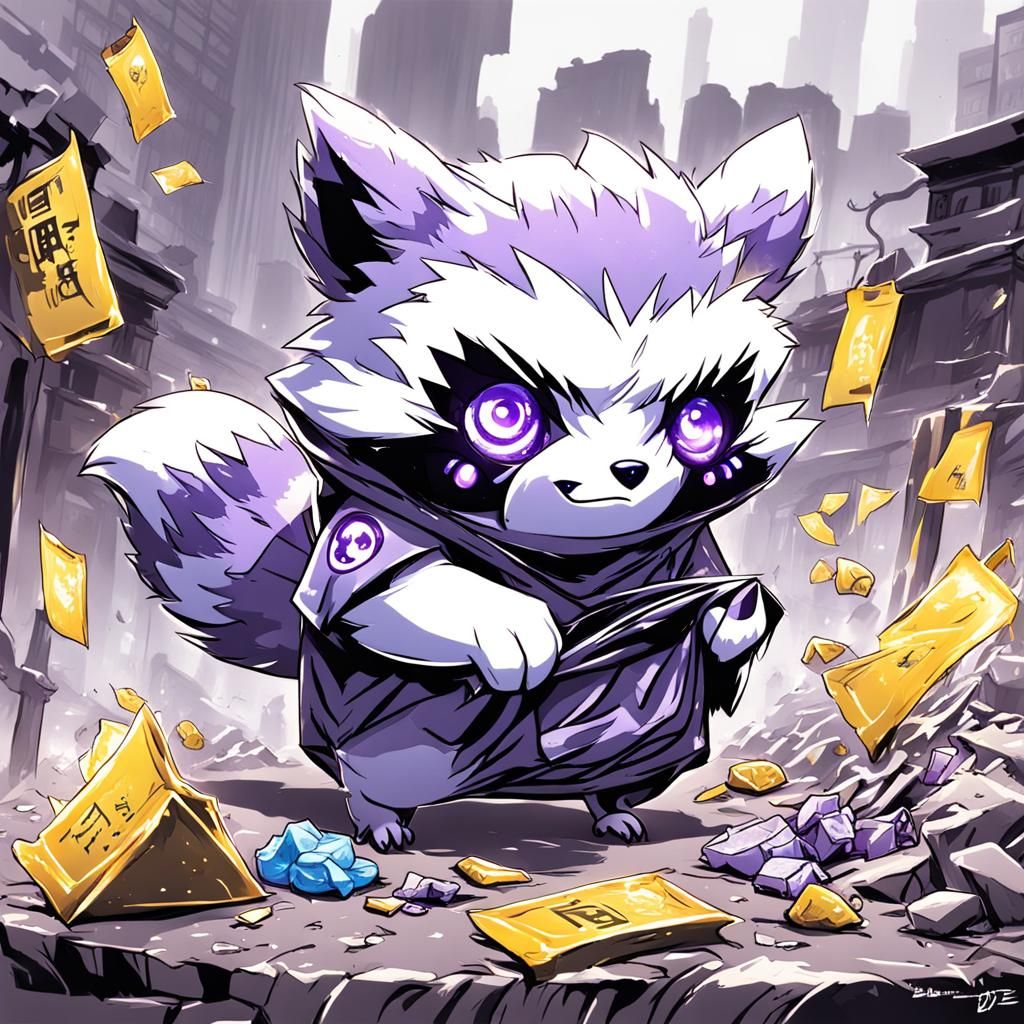 Cute Purple Raccoon Ghost Monster in Anime Style