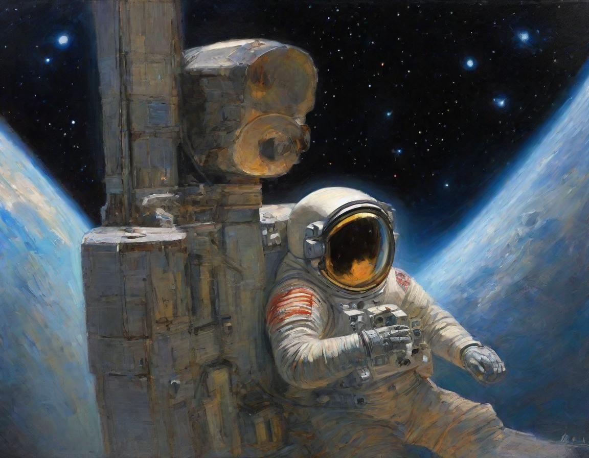 Android Woman in Space Station: A Waterhouse-Style Oil Paint...