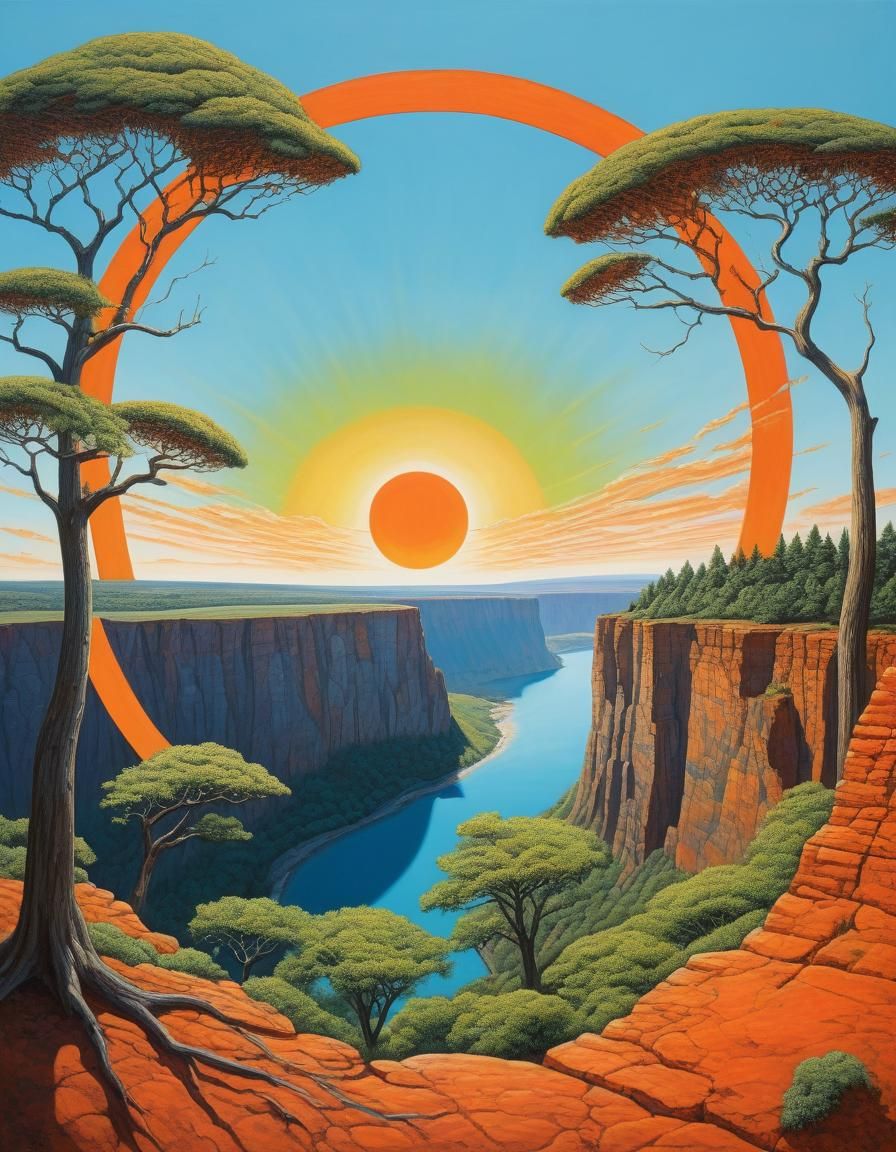 Surreal Landscape with Orange Sun and Figure