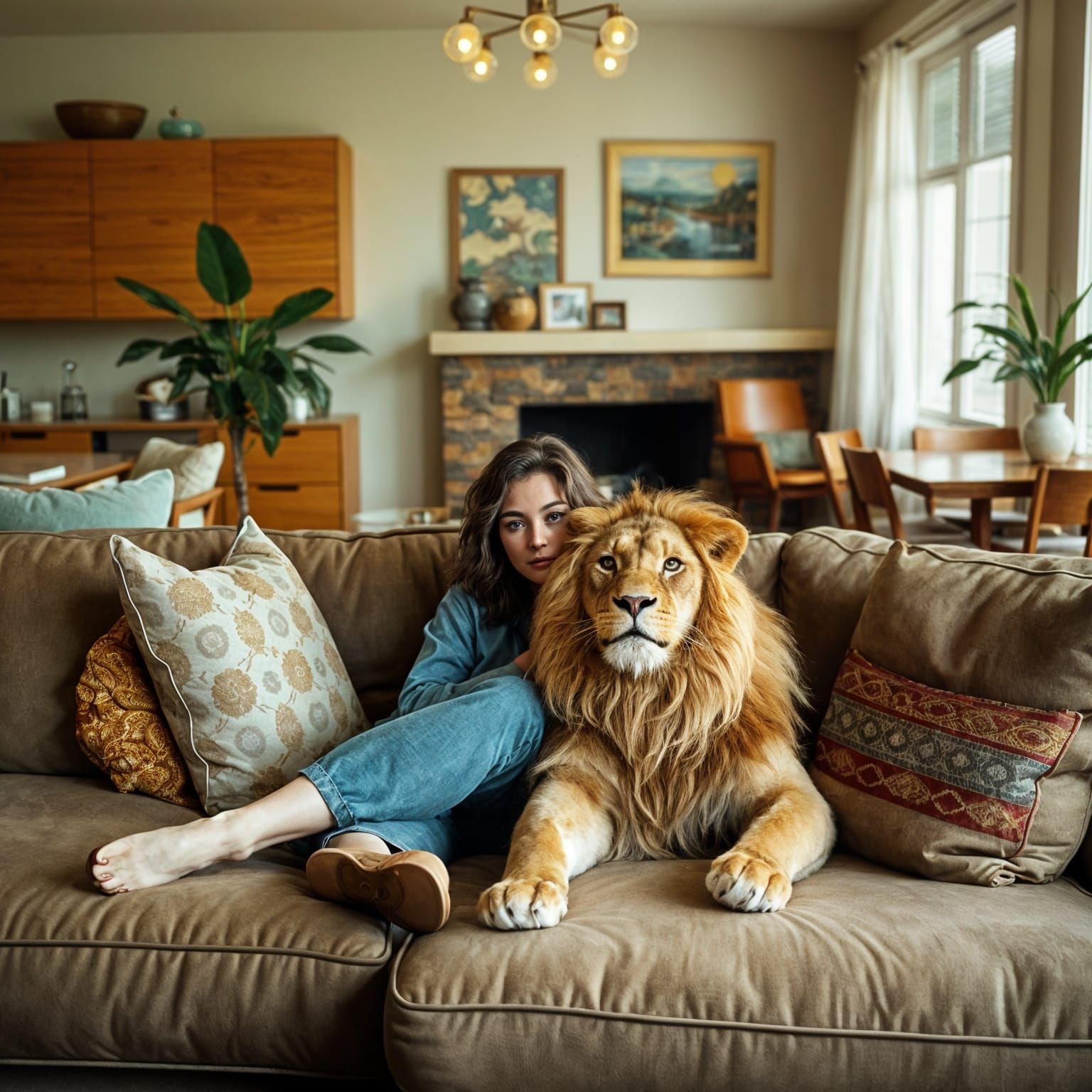 Woman and Lion in Mid-Century Modern Home